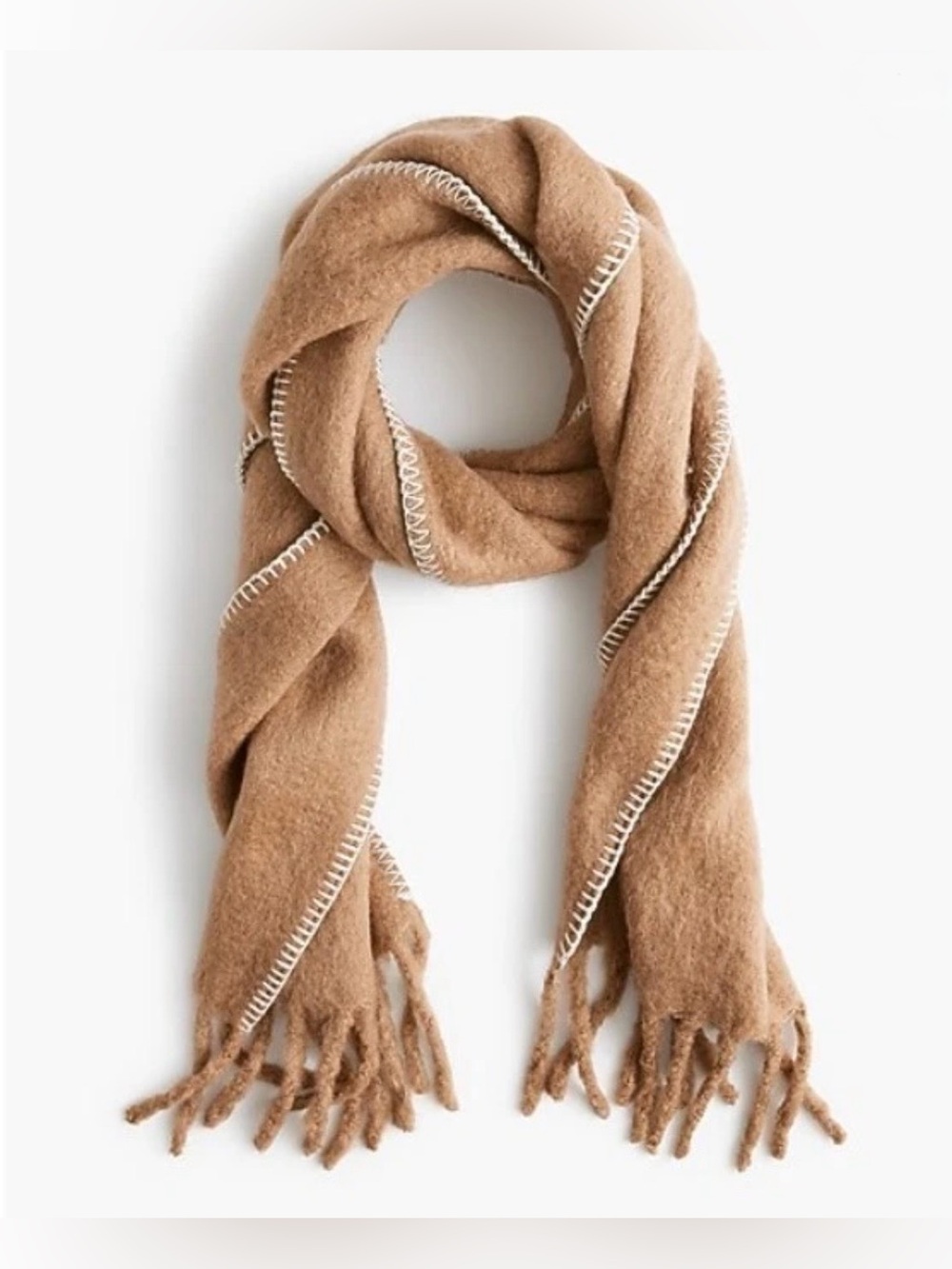 NEW J. Crew Blanket-Stitch Scarf Camel brushed wool blend chunky oversized CO700